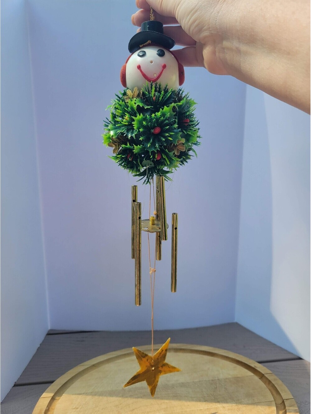 Snowman Christmas Wind Chime Vtg Ornament Holly Wreath Gold Star Hanging Decor